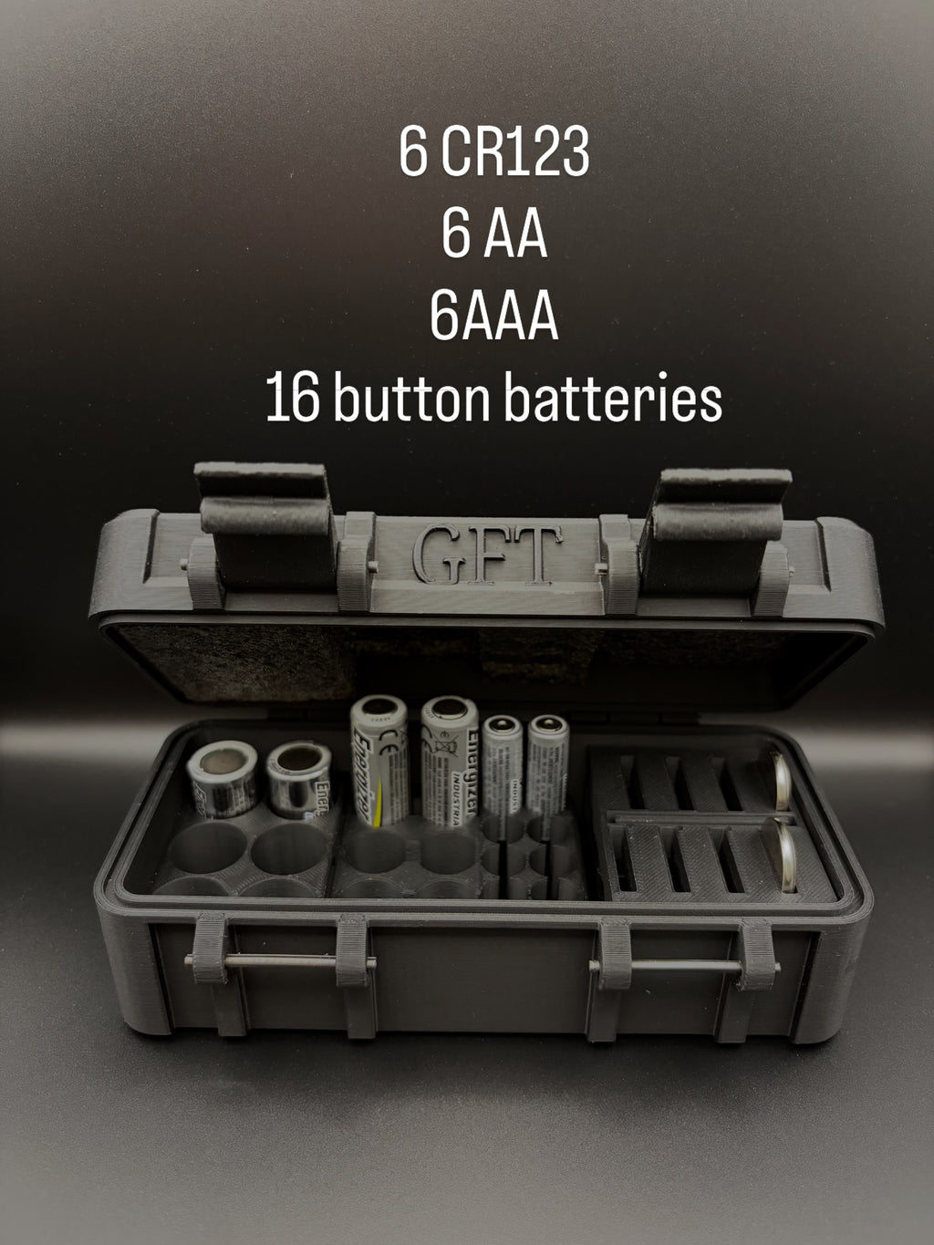 Tactical Battery Storage Box – Rugged 3D Printed Organizer (6× CR123A | 6× AA | 8× CR2032)