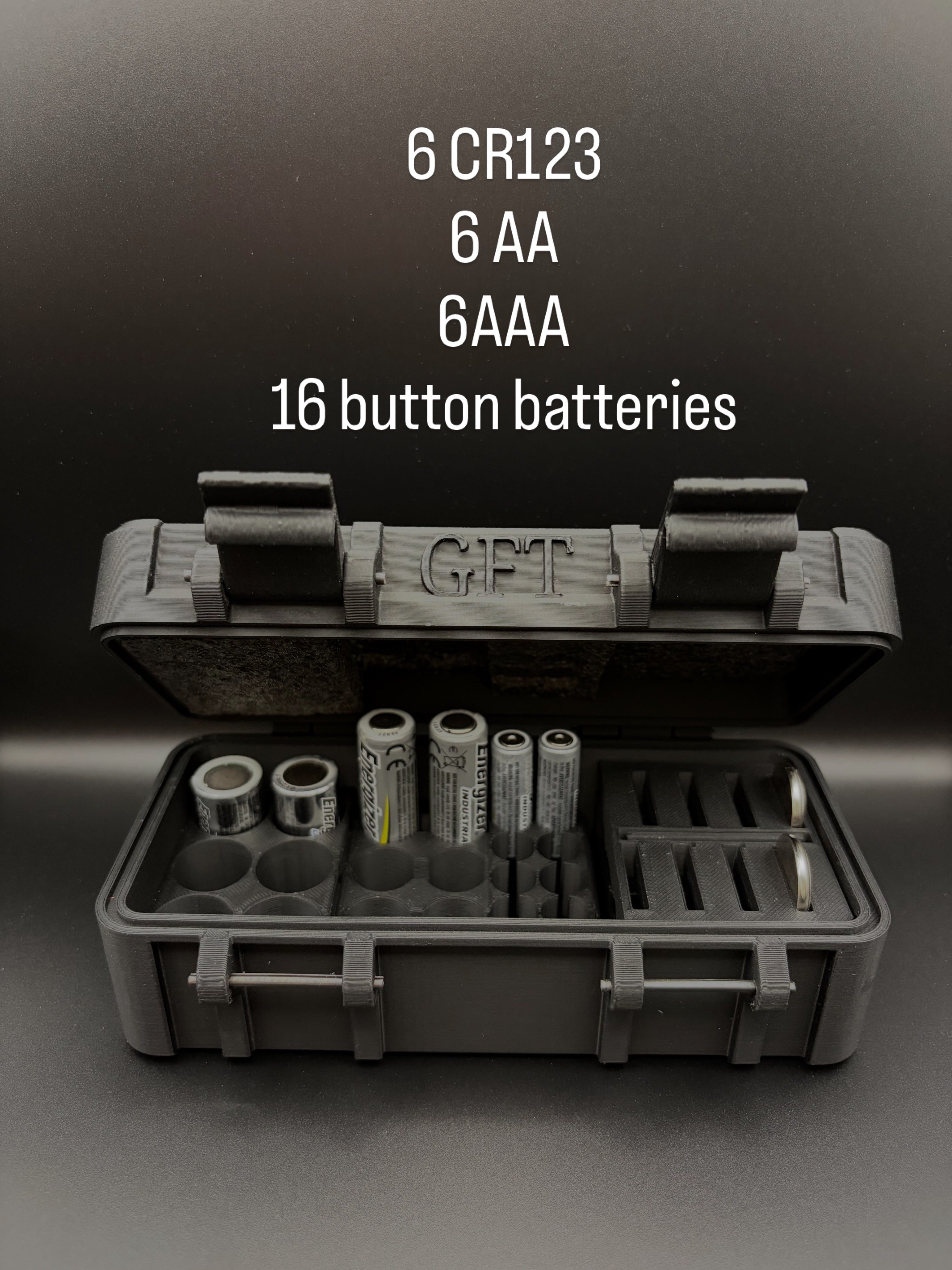 Tactical Battery Storage Box – Rugged 3D Printed Organizer (6× CR123A | 6× AA | 8× CR2032)